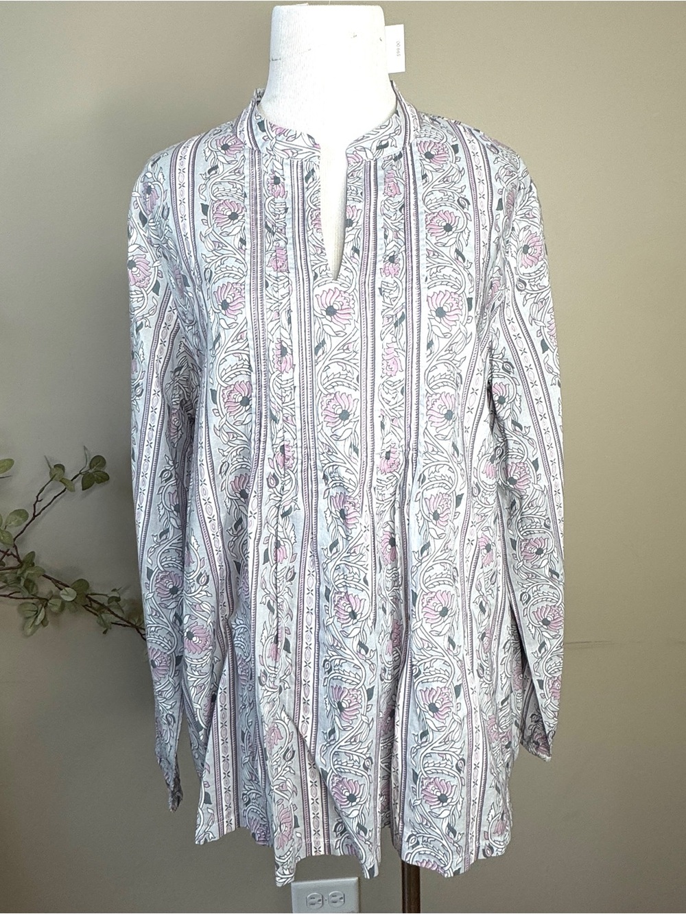NEW Pure J.Jill Sz MEDIUM Women’s Gray Pink Floral Striped Cotton Boho Top